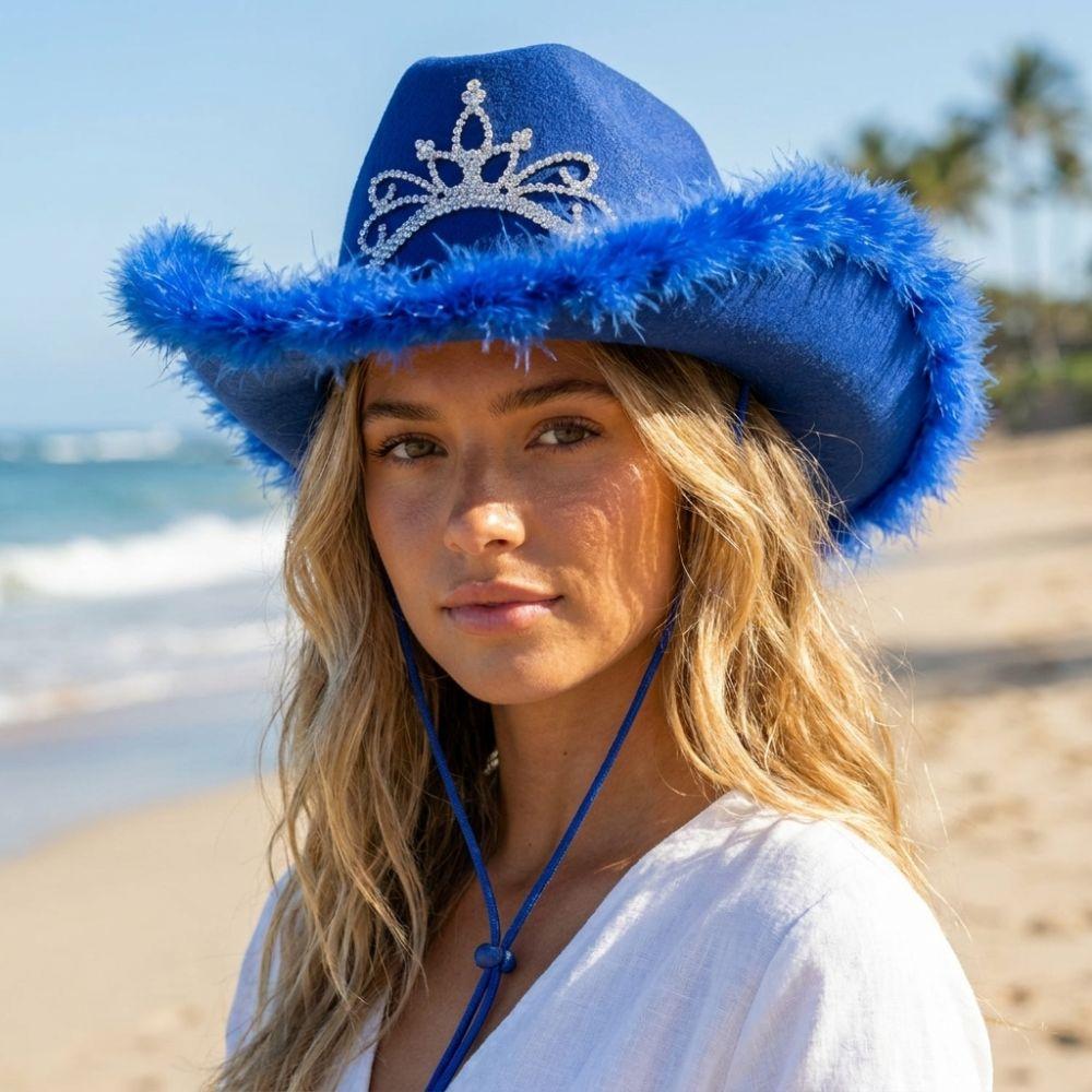Wide Curved Brim Rhinestone Tiara Cowgirl Hat Sparkly Western Cowboy Cap Birthday Party