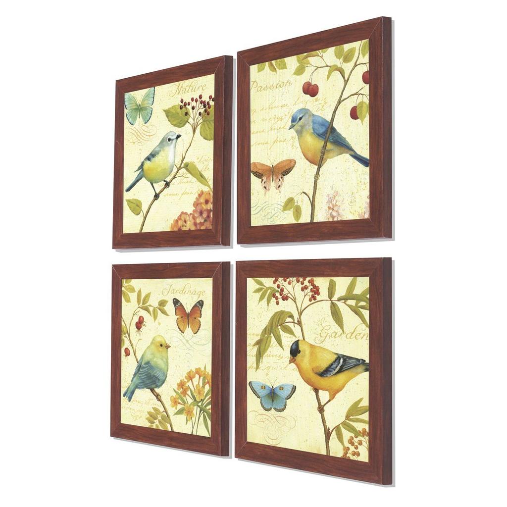 Jardin Bird Framed Painting/Posters for Room Decoration, Set of 4 Brown Frame Art Prints/Posters for Living Room (4 Unit, 9 X 9 Inches)