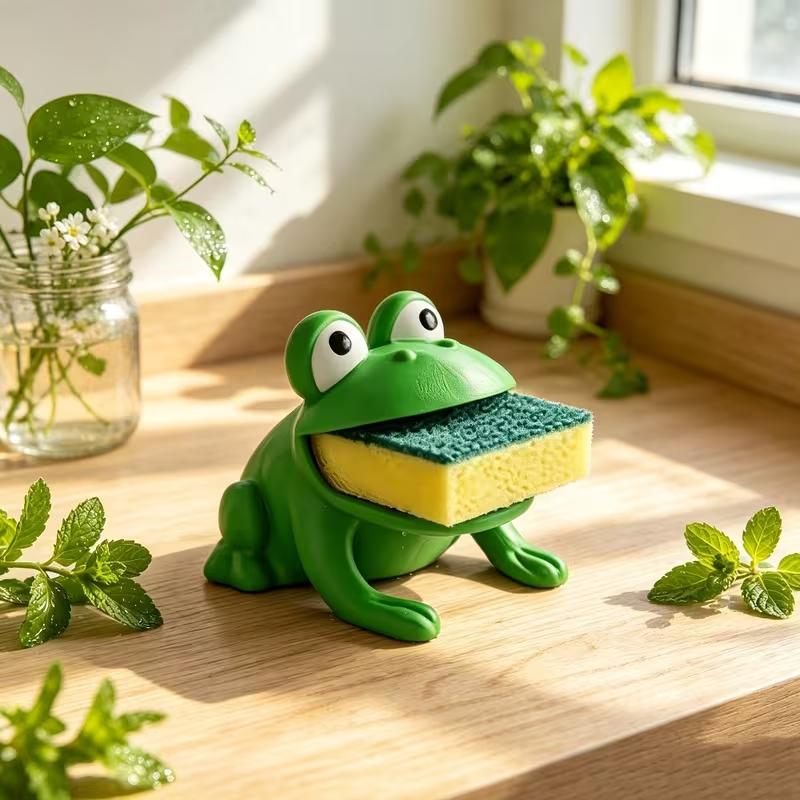 Cute Frog Shaped Sponge Holder with Drainage Kitchen Sink Sponge and Dish Brush Storage Rack Countertop Organizer