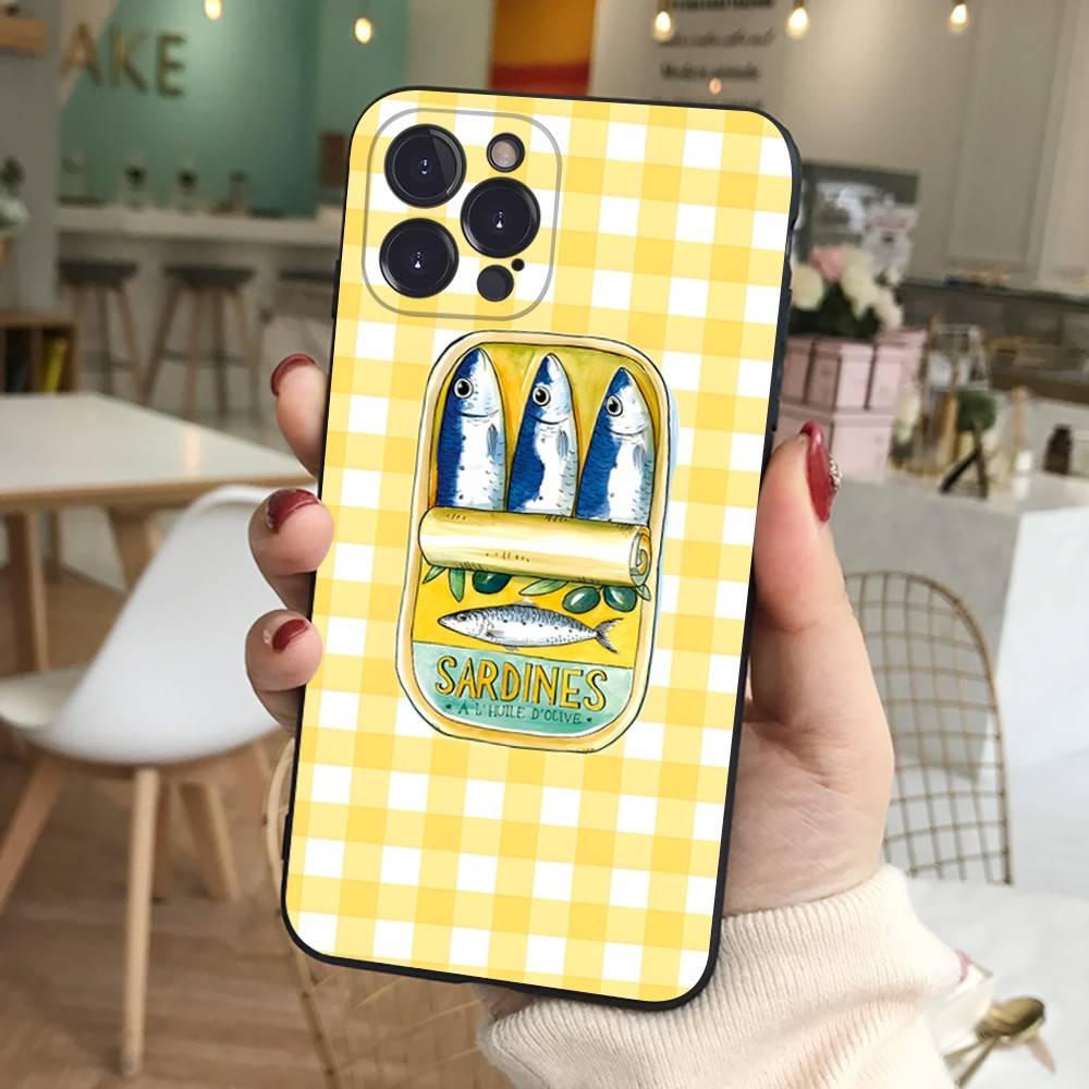 Silikonowe Etui na Telefon Sardynki Dla IPhone 11 12 13 14 15 16 17 Pro Max Czarne Pokrowiec
