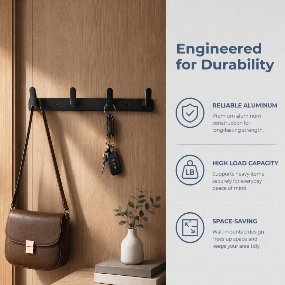 Black Wall Hook 4 Hooks Towel Rack Modern Coat Rack Bathroom Kitchen Entryway Bedroom
