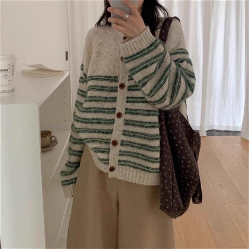 Lazy Wind Retro Striped Crew Neck Sweater Jacket Women's Autumn and Winter New Loose Knitted Cardigan Top Thick