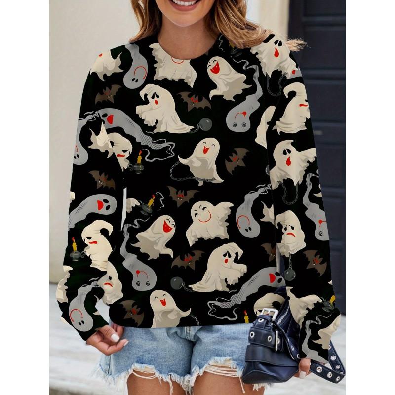 Womens Casual Hoodie With 3D Halloween Print Round Neck Lightweight Breathable Fabric
