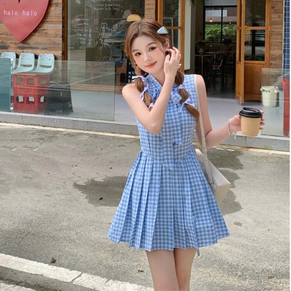 French fresh and sweet blue sleeveless plaid dress summer Japanese new bow temperament pleated short skirt