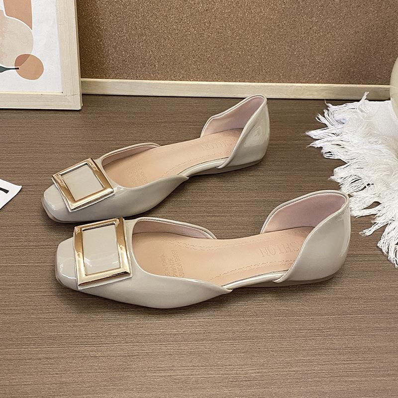 2025 New French Square Head Single Shoes Flat Summer with Skirt Shallow Mouth Hollow One Pedal Fairy Style Grandma Shoes