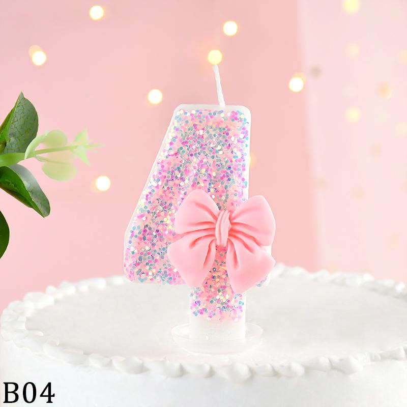 3D Number Cake Decorating Candles Cute Pink Bow Baby Girl Birthday Cake Topper Decor Wedding Party Supplies 0-9 Digital Candle