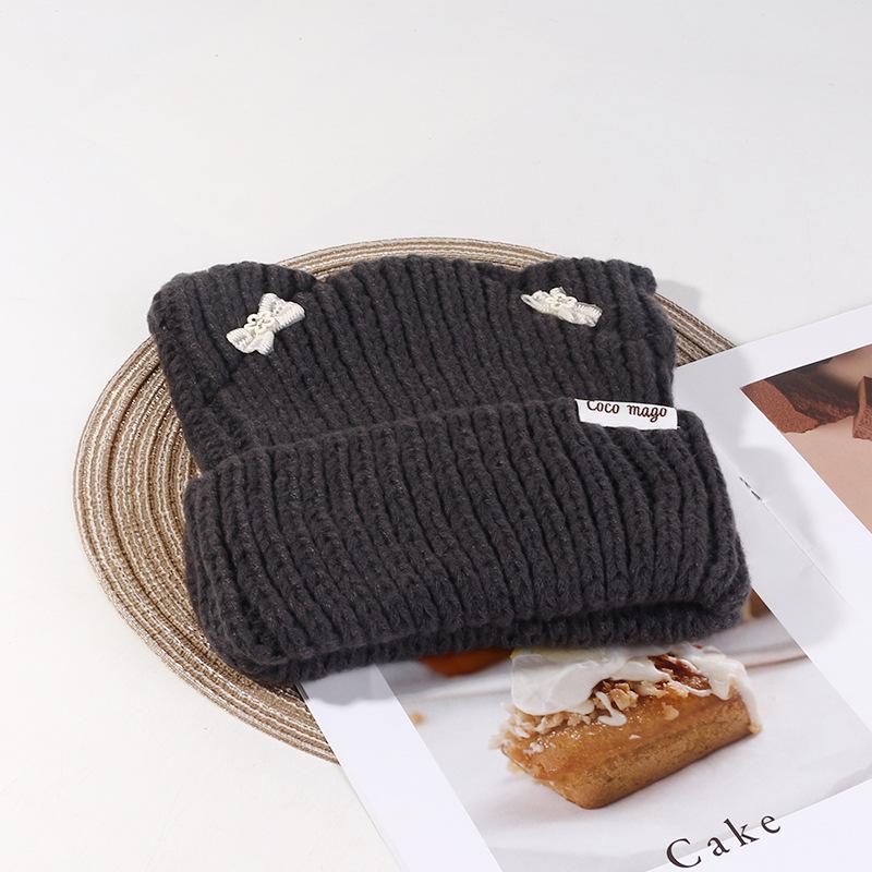 Korean Bow Hat Women's Cute Cat Ear Knitted Hat Outdoor Warm Versatile Wool Hat Student Pullover Cold Hat