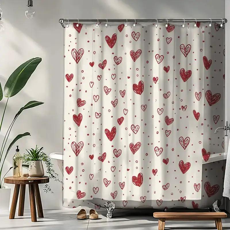 Rotes Herz Duschvorhang Cremefarbener Hintergrund Wasserdicht Schimmelresistent Badewannen-Einsatz Romantische Valentinstags-Dekoration Für Badezimmer Zuhause