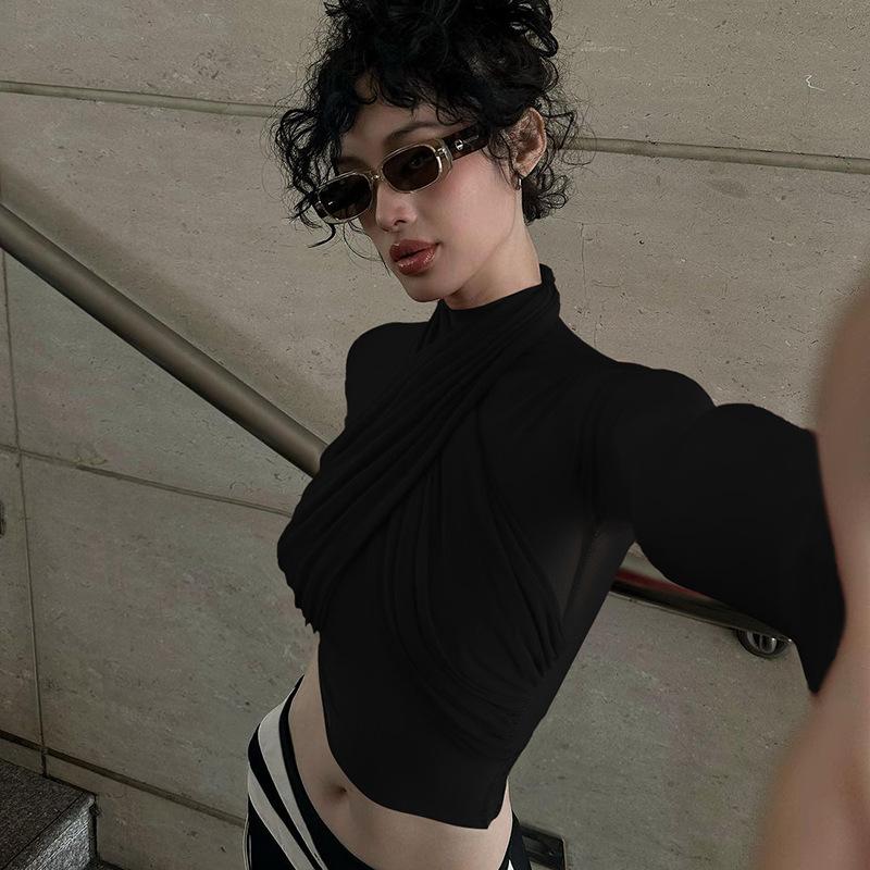 2025 Frühling Mode Mesh Rollkragen Langarm Rot Drapierter Verband Sexy Durchsichtiges Crop T-Shirt Top Streetwear Club