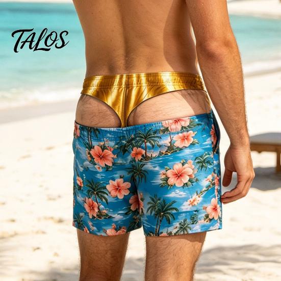 Adjustable Drawstring Swim Shorts Hairy Big Booty Shorts, USA Flag Print Men Trunks, Golden Funny Beach for Briefs Design, Summer Pool Party Vacation