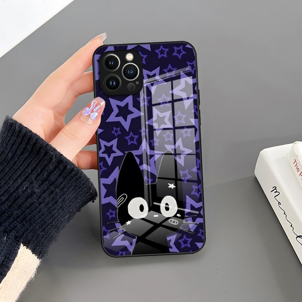 

Lovely Cartoon Black Cat Phone Case Glass For IPhone 17 16 Pro 15 Pro Max 14 13 12 11 X XR XS Max 8 7 Plus SE Cover iPhone13