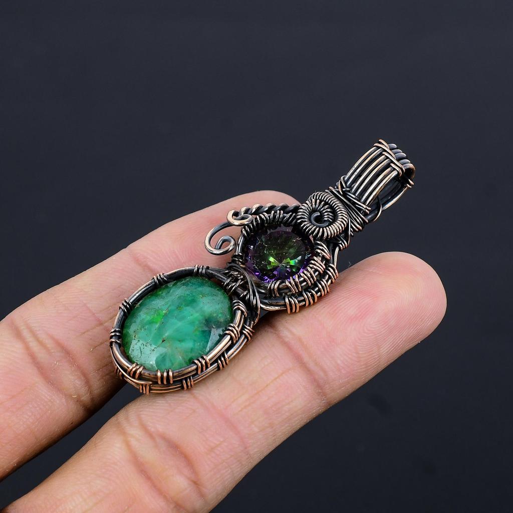 Emerald Pendant, 999 Copper Wire Wrapped Pendant Gemstone Jewelry, Handmade Pendant Amazing Jewelry, Gift For Her