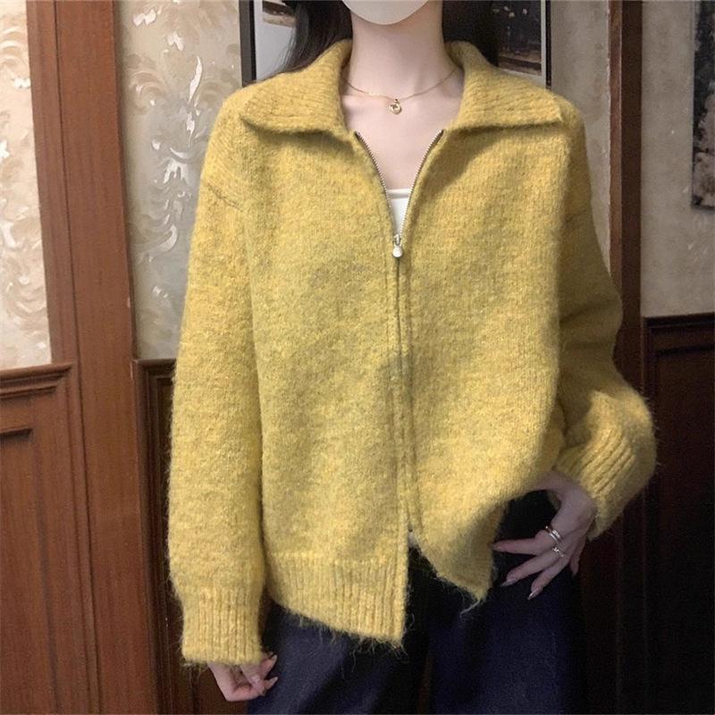 

Lapel zipper sweater women s clothing autumn and winter new lazy wind loose soft waxy plush knitted cardigan jacket average size теплый желтый