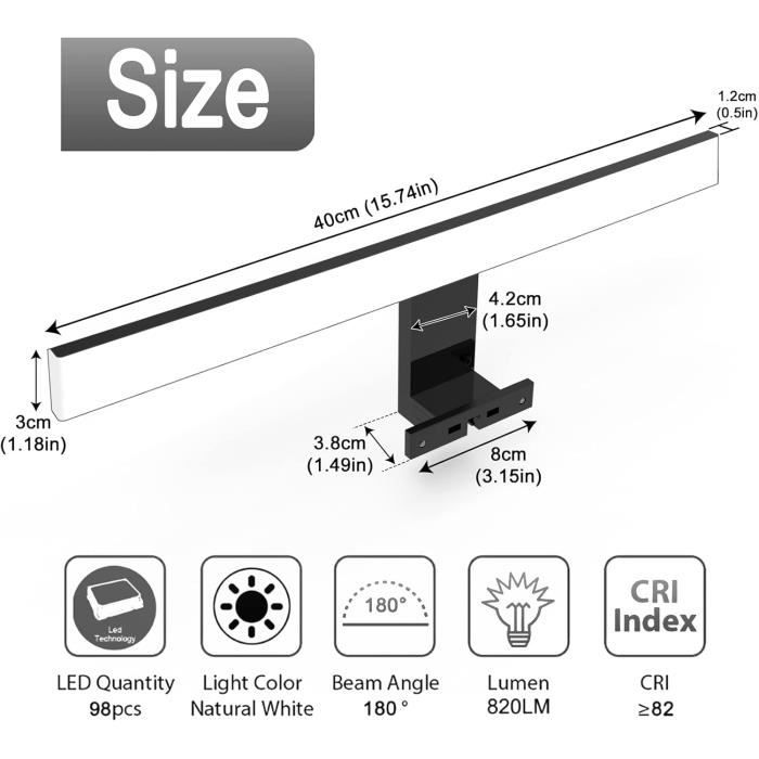 Lampe miroir led - azhien - 10w - 820lm - 40cm - noir - ip44