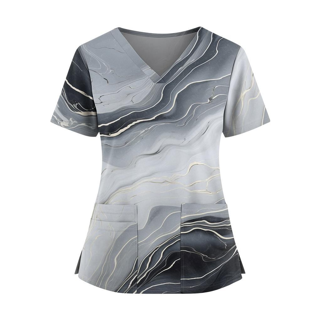 Women's Fashionable Printed V Neck Double Pocket Short Sleeved Shirt With Slit Hem Uniform And Worker Top