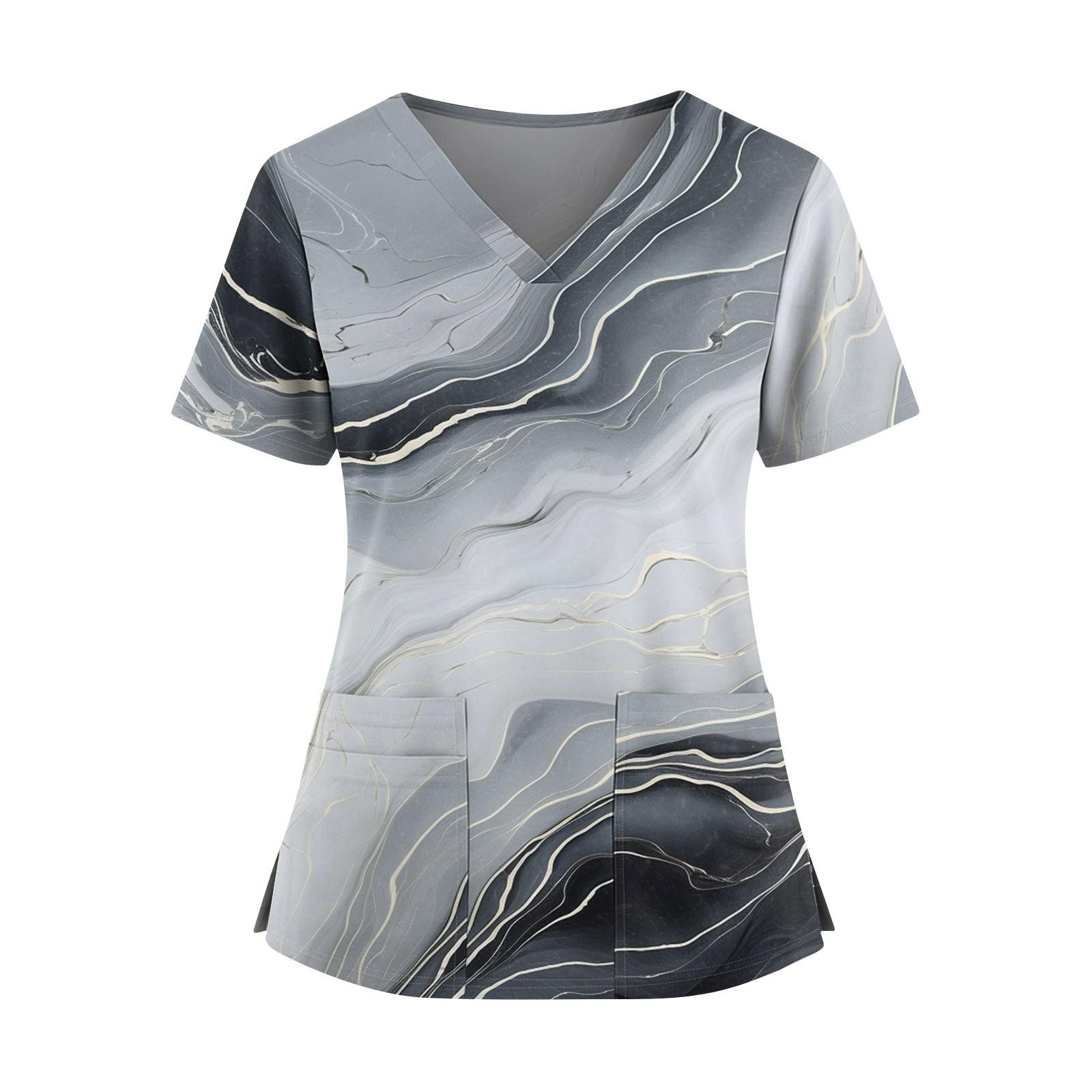 

Women s Fashionable Printed V Neck Double Pocket Short Sleeved Shirt With Slit Hem Uniform And Worker Top XXXXL