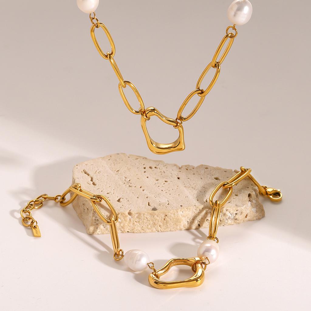 Ocean Style Stainless Steel Natural Pearl Drop Necklace Bracelet Anti Allergic Metal High Quality Daily Jewelry Gift