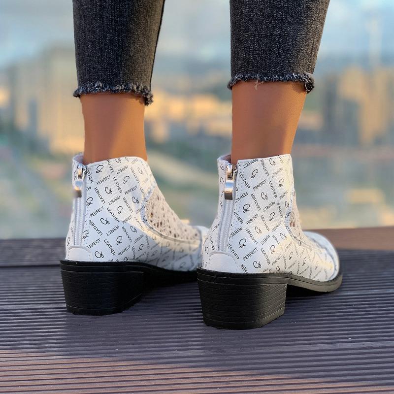 Fashion Women's Fashion Low Heel Shoes Fall New Pointed Ankle Boots Hollow Breathable Fabric Back Zipper Western Boots