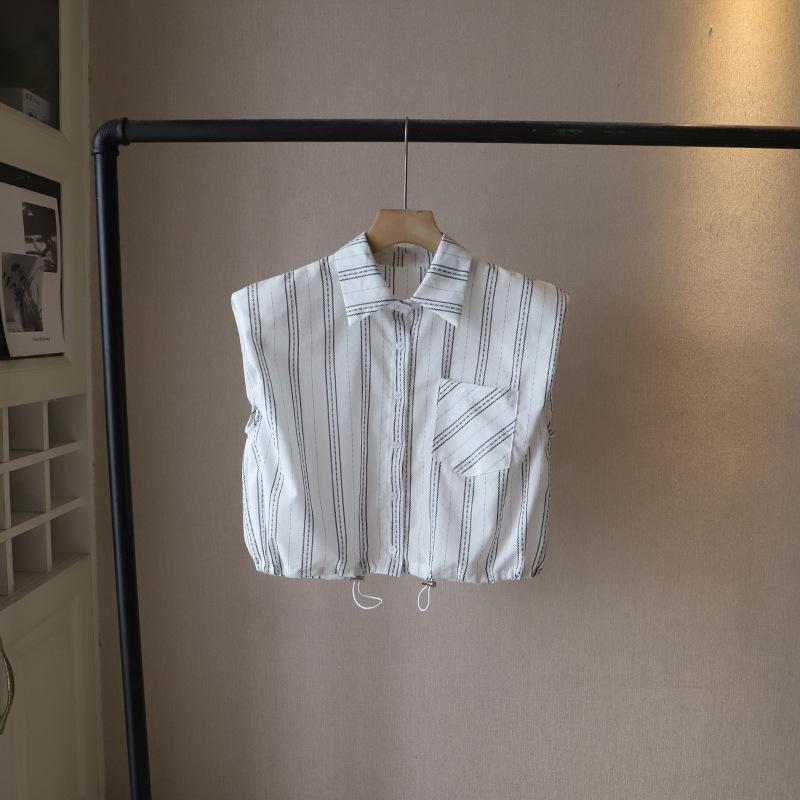 

[Bi Zheng] 2025 Summer Korean POLO Collar Striped Hem Drawstring Loose Sleeveless Short Women s Shirt 4093 One Size