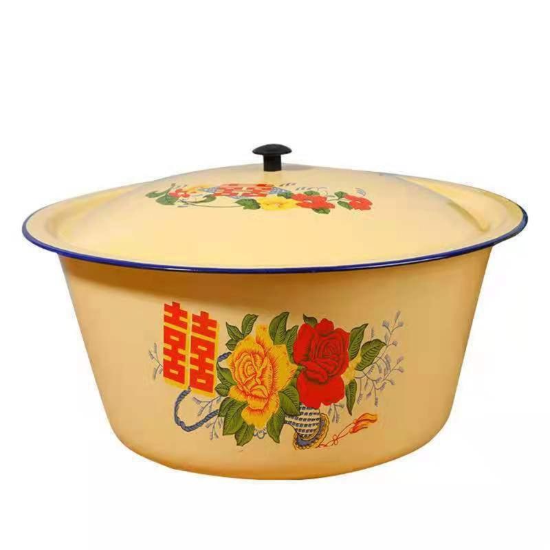 Enamel Mixing Bowl Fashioned Lard Basin with Lid Dessert Container Practical Enamelware for Cooking and Food Storage