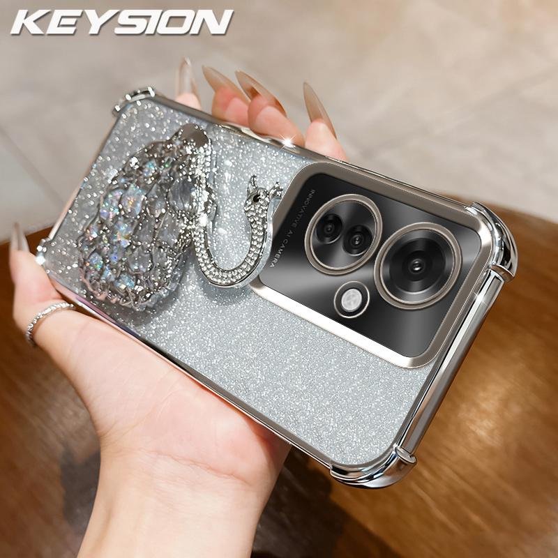 KEYSION Shockproof Plating Phone Case for OPPO Reno11 F 5G Clear TPU Glitter Jewelled Swan Kickstand Back Cover for OPPO Reno11F 5G