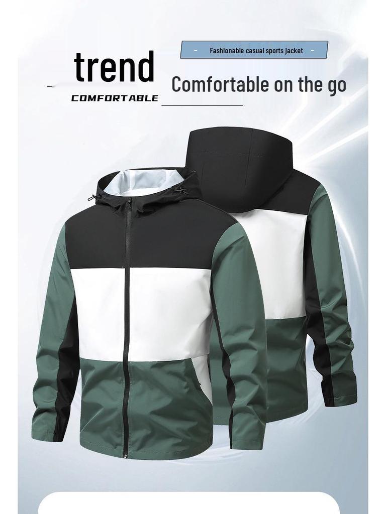 Men's European Size Hooded Jacket - Spring/Autumn, Casual, Breathable, Color Block Fashion, Trendy.