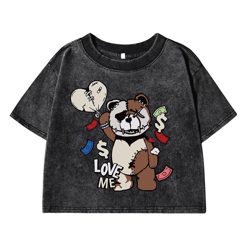 Interesting Puppet Bear Love Meprinting Female Washed Short Tshirts Casual T-Shirts Distress Midriff-Baring Tops Women