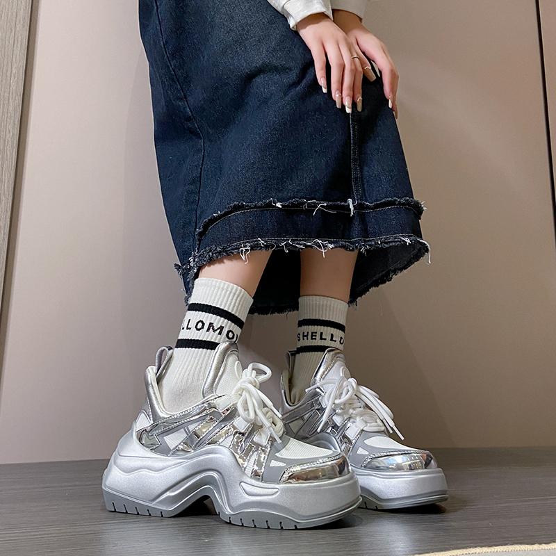Fashion Women Silver Sneakers Lace Up Platform Brand High Quality Casual Sports Thick Bottom Shoes Outdoor Running Tennis Shoes 35-40