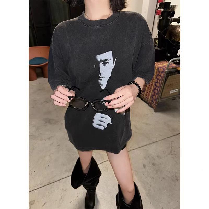 Unisex Washed Distressed Heavyweight Cotton Short-Sleeve Retro T-Shirt M промывают черный