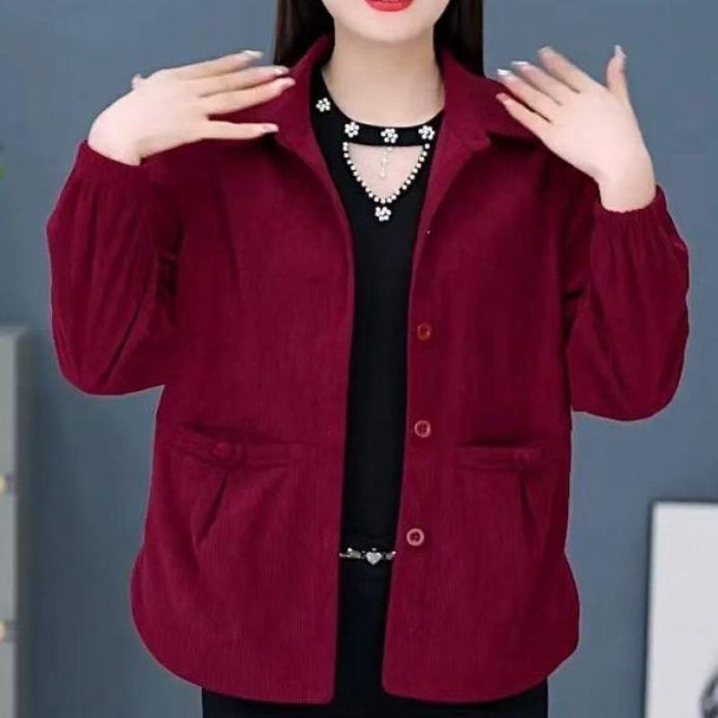 Chinese Women's Corduroy Jacket Casual Top New Middle-aged and Elderly Loose Long-sleeved Spring Coat
