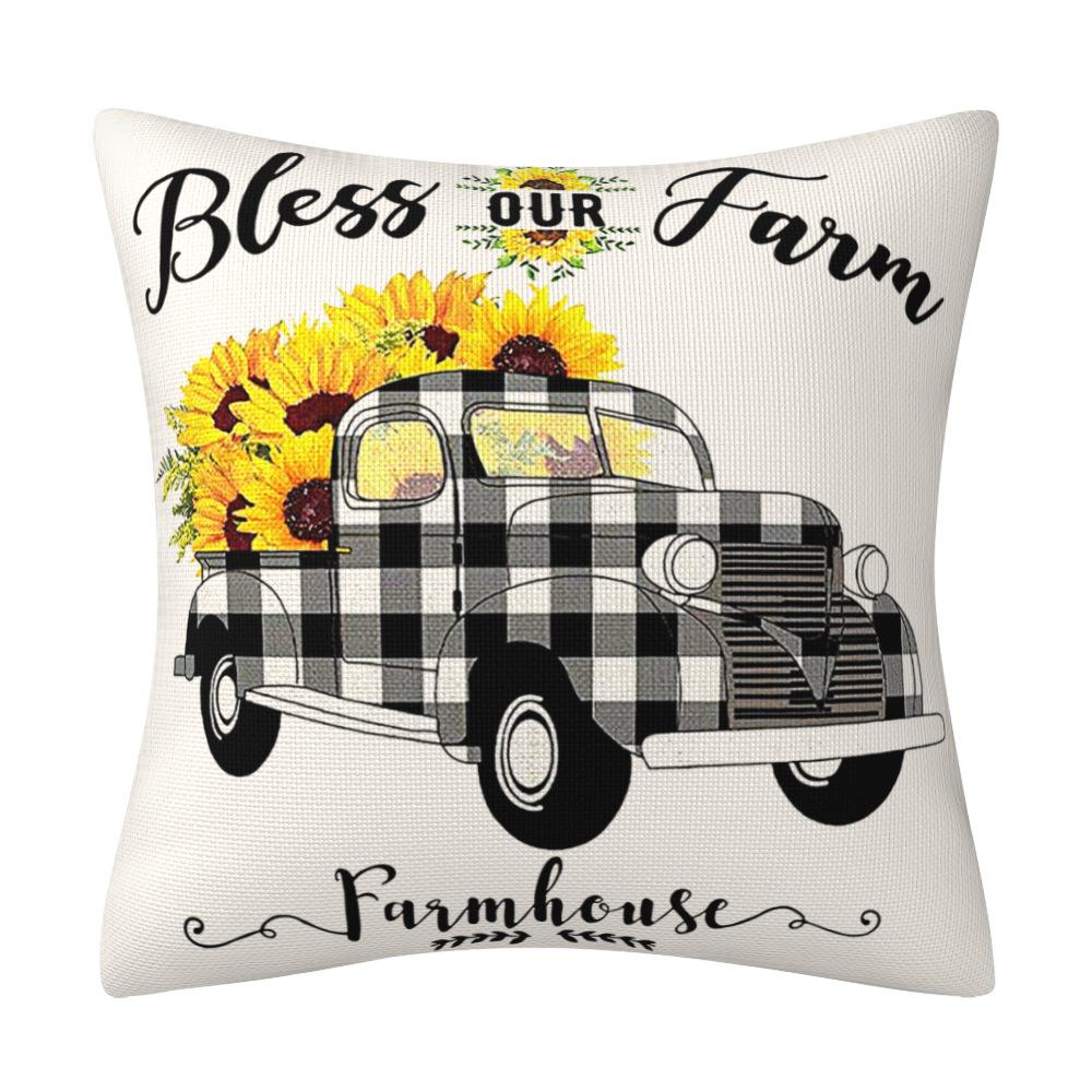 New Spring and Summer Sunflower Truck Pillow Cushion Pillow Case Black and White Plaid Linen Pillow Case