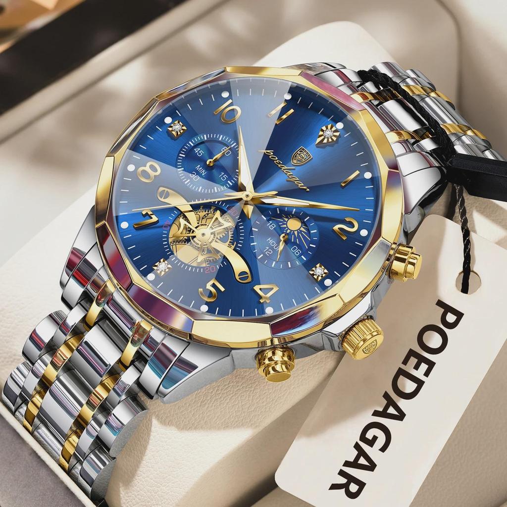 POEDAGAR Exquisite Business Men Watch Waterproof Luminous Chronograph Luxury Man Watches Stainless Steel Men's Quartz Wristwatch