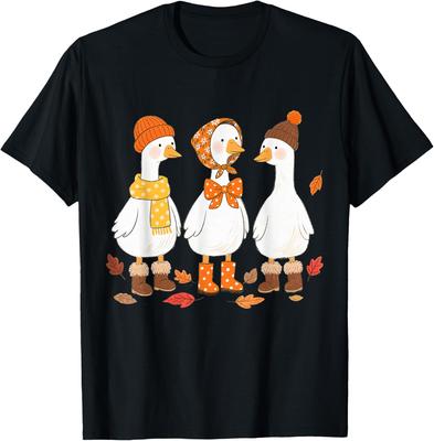 Cute Three Geese Autumn Fall Vibes Graphic Print T-Shirt Casual Crew Neck Cotton Tee for Women