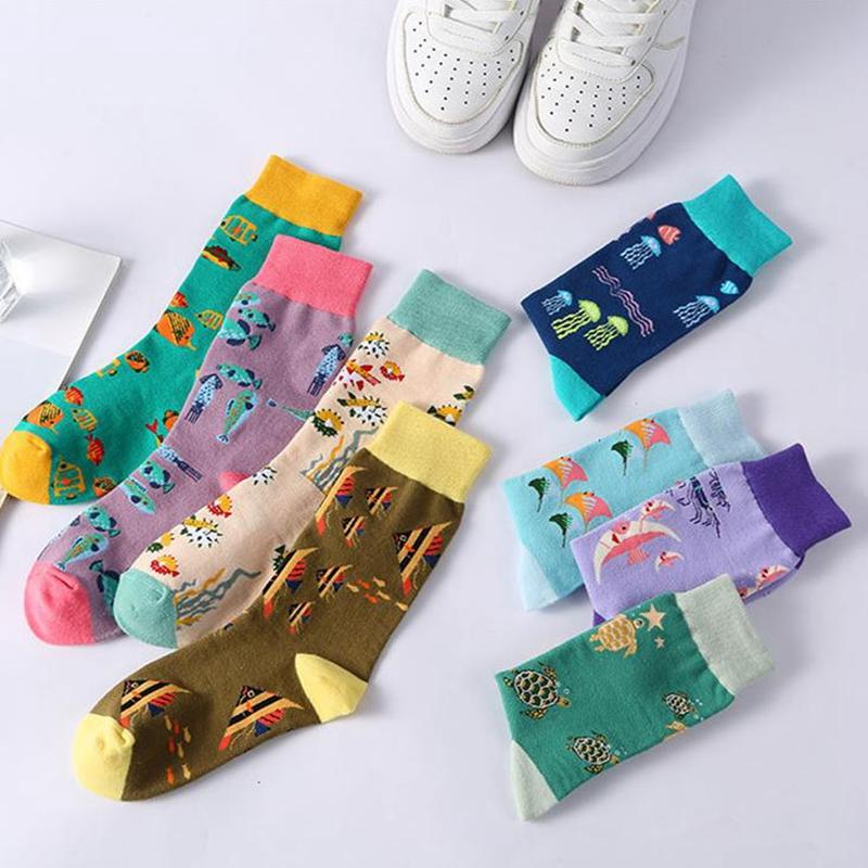 Funny Women Socks Cozy Cotton Socks Originality Seafood Animal Returnee Jellyfish Grouper Happy Male Japanese Harajuku Socks