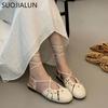 Fashion SUOJIALUN Autumn Women Flat Shoes Fashion Close Toe Lace Up Ladies Elegant Sandal Shoes Soft Flat Heel Outdoor Dress Slingback S