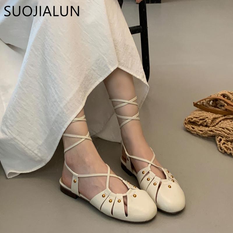 Fashion SUOJIALUN Autumn Women Flat Shoes Fashion Close Toe Lace Up Ladies Elegant Sandal Shoes Soft Flat Heel Outdoor Dress Slingback S
