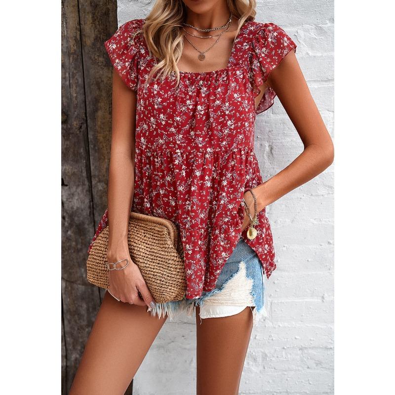 Women's Summer Casual Floral Square Collar Top with Short Sleeves