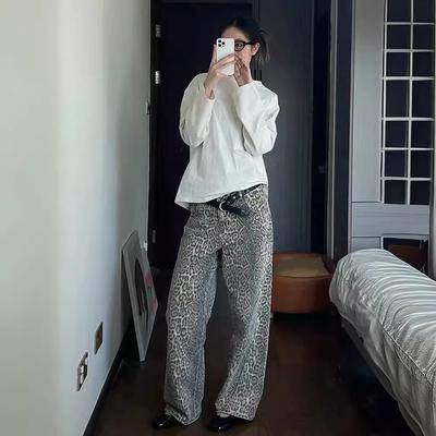 Women Vintage Leopard Print Pants Women Casual Loose Wide Leg Trousers Female Fashion All-match Lady Baggy Jeans