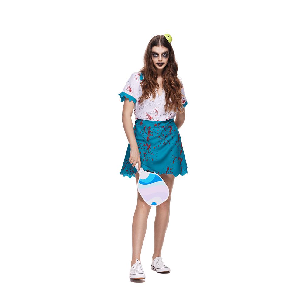 EraSpooky Adult Women Pickleball Costume Deadly Dink Zombie Player Dress with Half-Pickleball Hair Clip