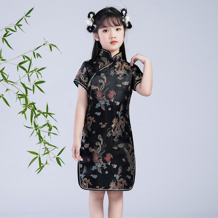 

Dragon Phoenix Pattern Niche Design Autumn Silk Chinese Style Dress Girls Skirt Kids Traditional Dress Qipao Girls Cheongsam 150