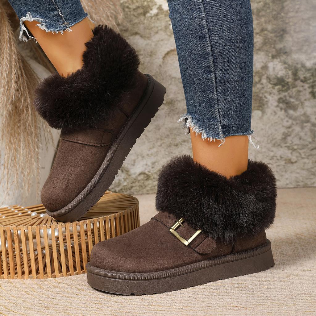 Fashion Luxury Metal Buckle Decoration Faux Fur Snow Boots Women 2025 Winter Soft Thick Bottom Ankle Booties Warm Short Plush Boots