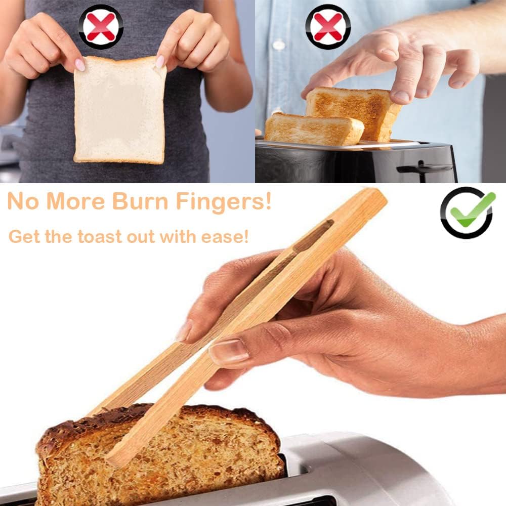 Bamboo Toast Tongs, 7 Inches Mini Wood Cooking Tong with Anti-slip Design Great for Serving Food/Toaster/Bread & Pickles/Sugar/Barbecue,Small Kitchen