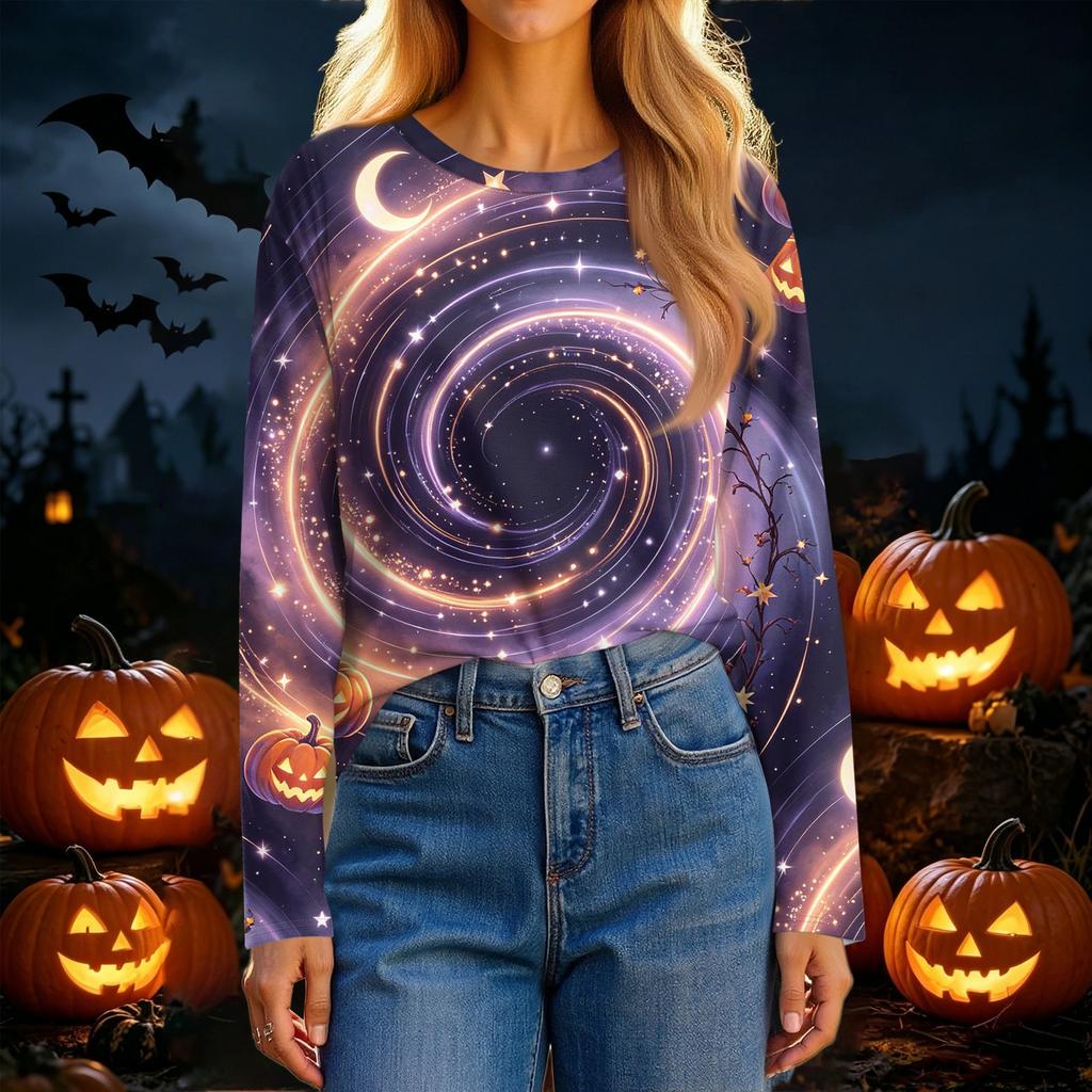 Women's Casual Long Sleeve Halloween Print Round Neck T-Shirt