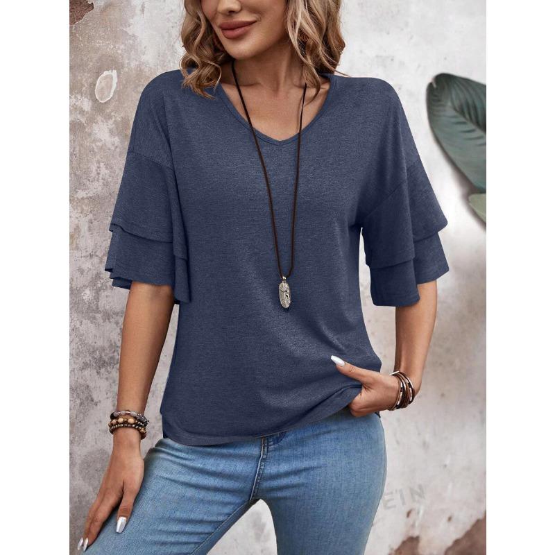 Summer New Solid Color V-neck Double-layer Sleeve Loose T-shirt Short-sleeved Women