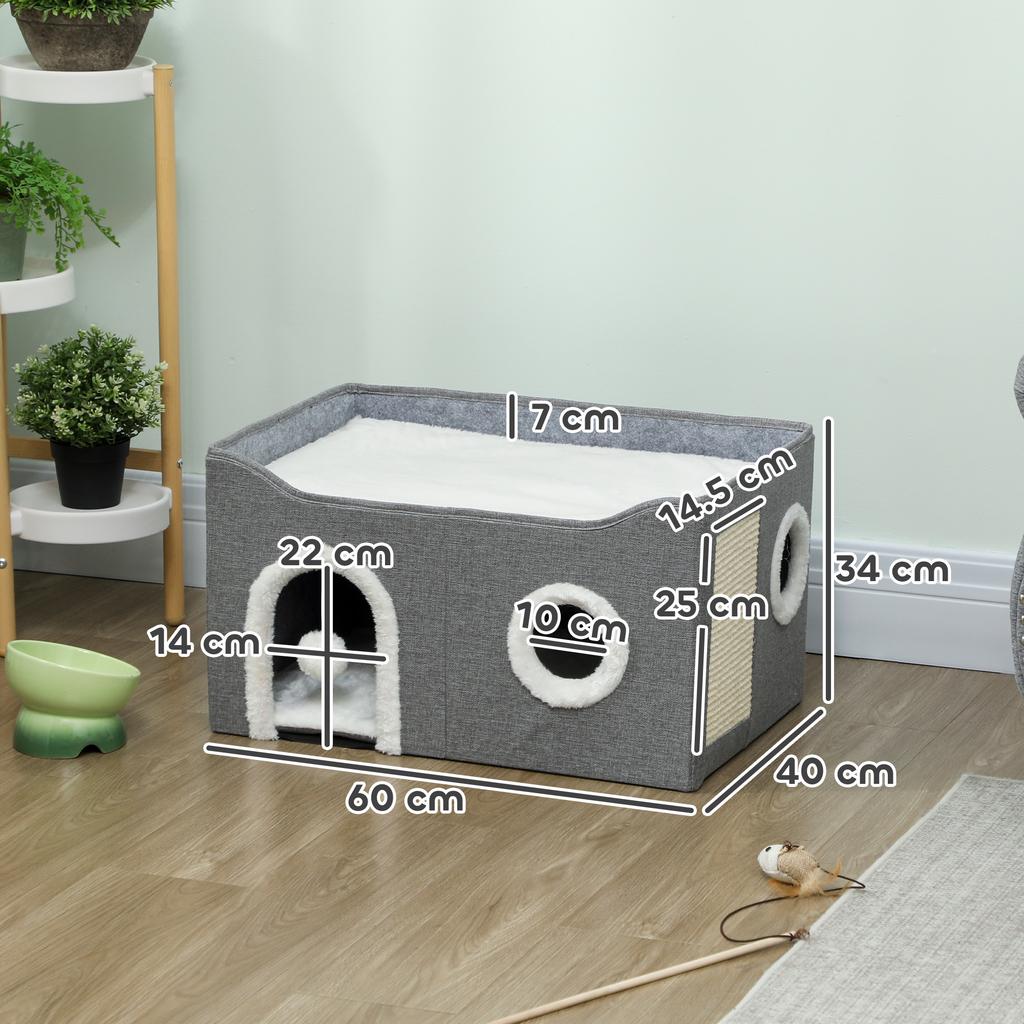 Cat Bed for Indoor Pets, Foldable Cat House with Fluffy Ball and Scratch Pad for Small and Medium Pets, Grey