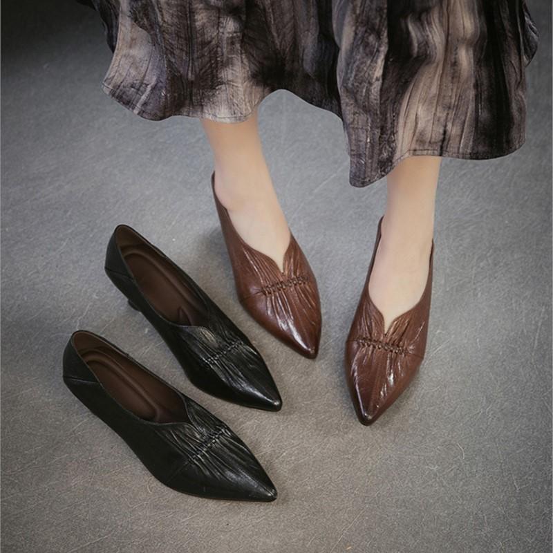 Johnature British Style Genuine Leather Pleated High Heels Elegance Commuting Versatile Women's Shoes