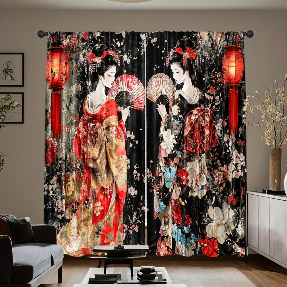 2pcs Oriental Geisha Print Curta Red Lantern Cherry Blossom Design Traditional Japanese Style Polyester Window Drapes