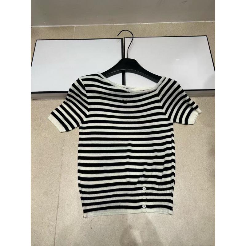High-Quality Off-Shoulder Striped Knit Short-Sleeve Casual Top - 2026 Summer Collection