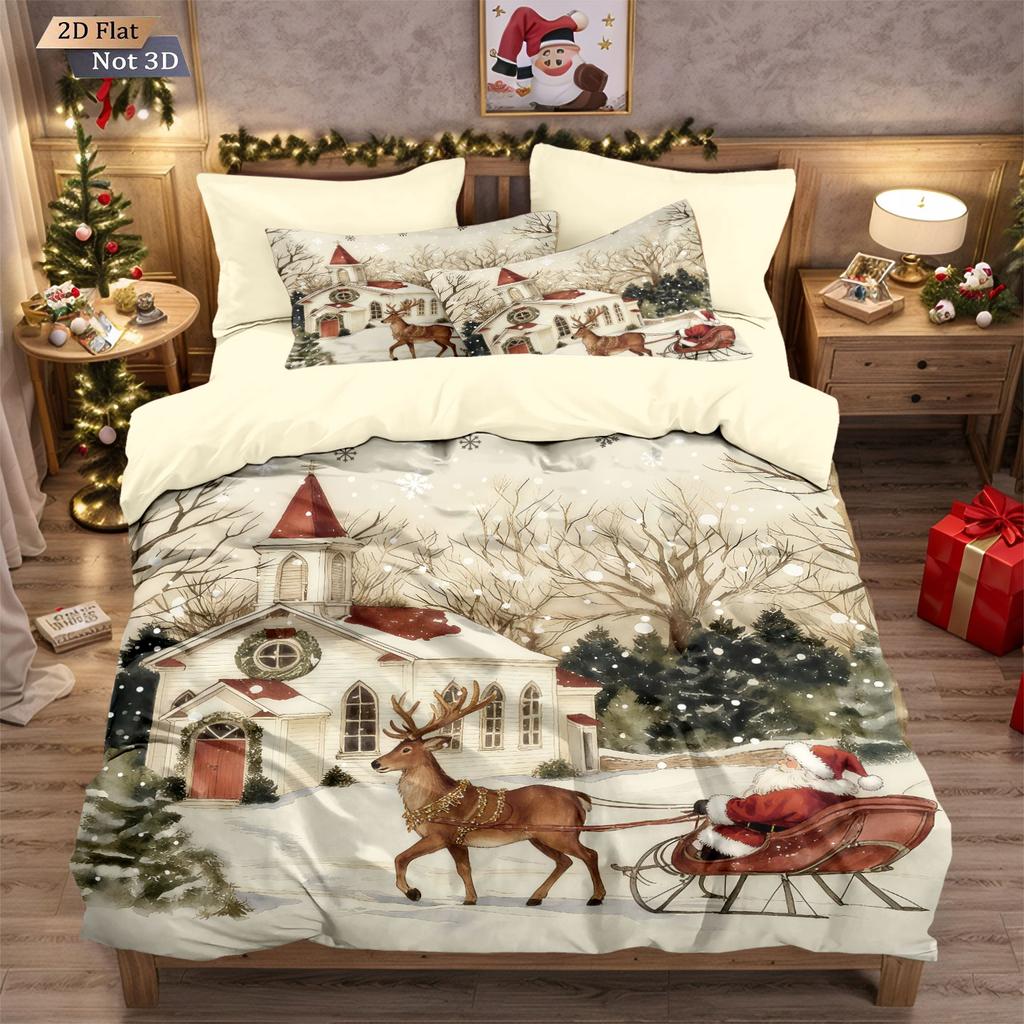 3pcs Christmas town print chipless bedding set multi size bedroom and dormitory duvet covers soft machine washable decoration