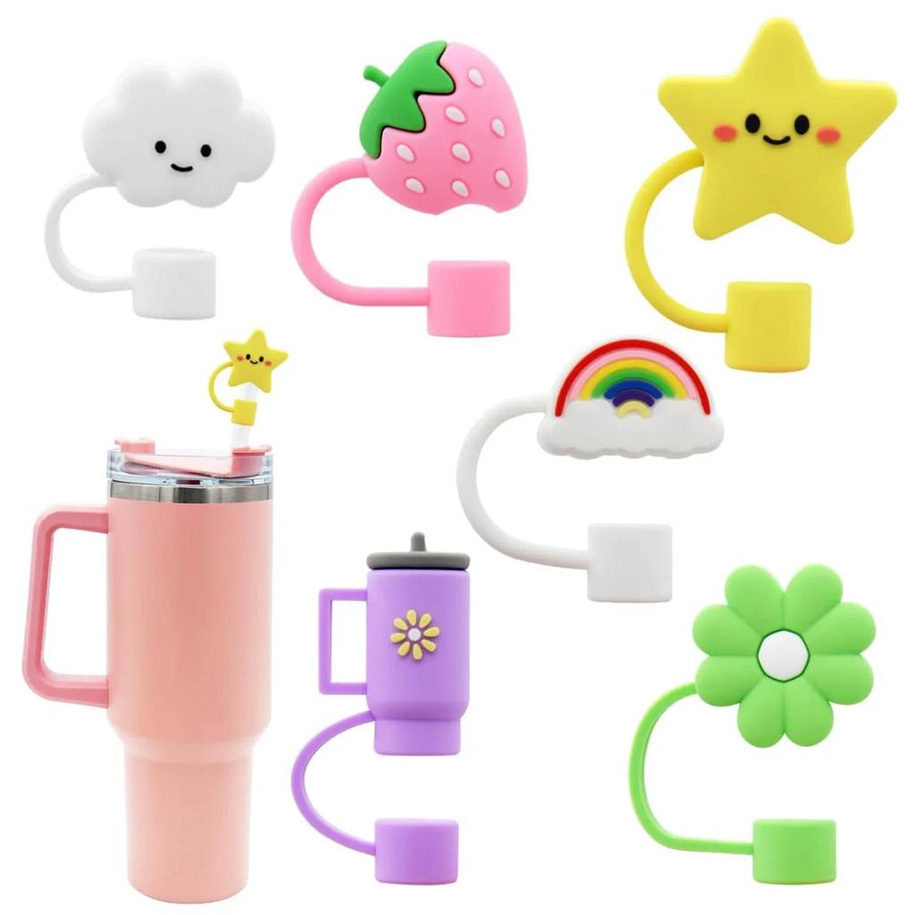 6PCS Straw Cover Cap For Stanley Cup Accessories Cute Flower Straw Toppers For Tumblers 10mm Silicone Straw Covers
